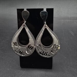 Stainless Steel Flower Earrings Dangle Tear Drop Cut Out